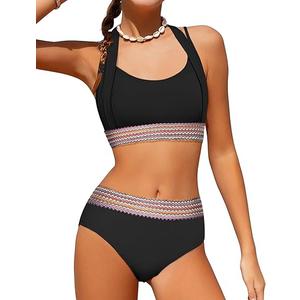 Girls Swimsuit 2 Piece Color Block Halterneck Bikini Sets with Adjustable Straps High Waist Girls Bathing Suits, 15-16Y