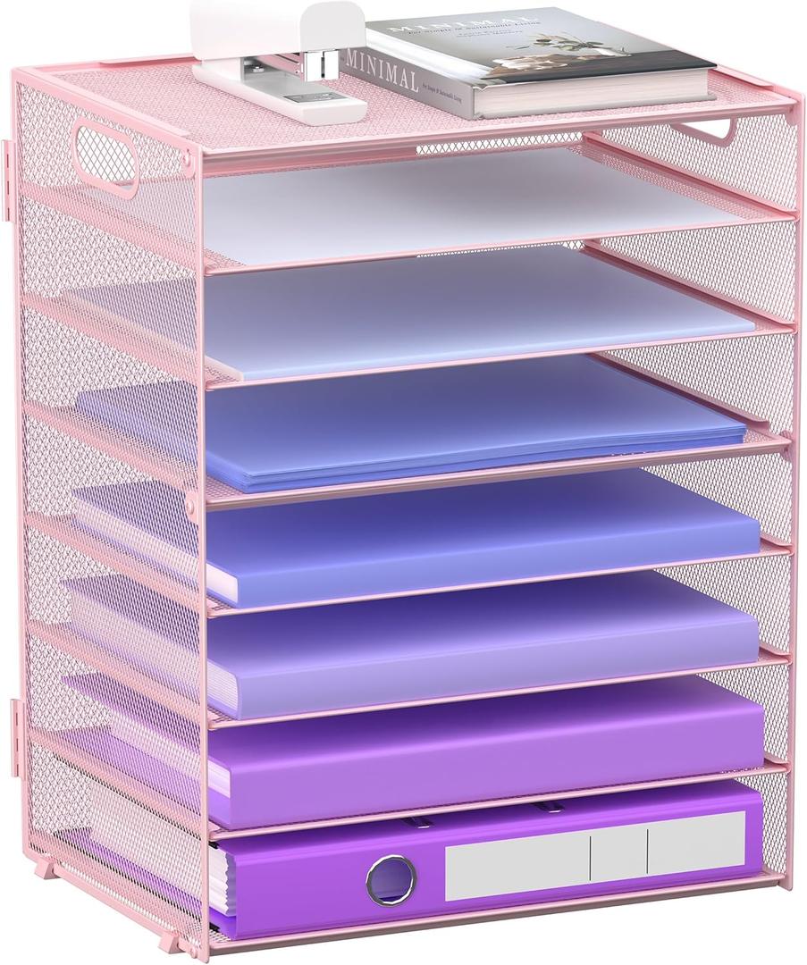 8 Tier Paper Letter Tray Organizer with Handles, Mesh Desk File Holder Storage Organization for Home School Classroom & Office (Pink)
