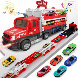 Carrier Truck Race Track Kids Toys, 4.6-FT Foldable Hauler Track Ejection Car Police Trucks Toy and 6 Racing Car with Light&Sounds, Truck Toy Child Xmas Gifts for 3+ Year Old Boys Girls-Red