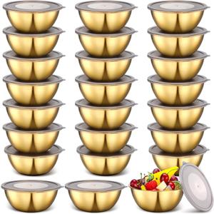 Nuogo 24 Pcs Gold Stainless Steel Mixing Bowls with Airtight Lids 6.7 Inch Gold Esthetician Bowls for Ramadan Serving Facial Salad Fruit Snack Soup Cereal Wedding Party