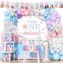 Winter Onederland 1st Birthday Girl  137 Pcs Pink Blue Winter Snowflake Wonderland First Birthday Party Supplies Party Supplies with Backdrop Balloon Garland Boxes Cake Topper Crown Banner