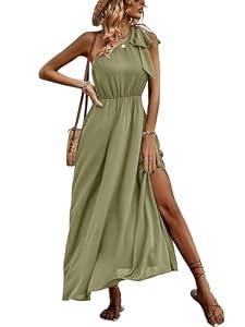 IFFEI Summer Dresses for Women 2024 Boho One Shoulder Maxi Dress Casual Sleeveless Flowy Split Beach Long Dress Light Olive, Small