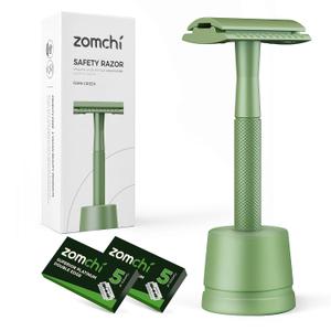 ZOMCHI Double Edge Close Comb Safety Razor with Stand, Shaving Razor for Men with 10 Safety Razor Blades, Reusable Single Blade DE Metal Razor  Fern Green