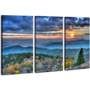 Blue Ridge Mountains Wall Art Sunrise Forest Pictures for Living Room Decor Smoky Mountains Canvas Prints National Park Posters Nature Woodland Artwork for Bedroom Office Home Decoration 16x32" 3Pcs