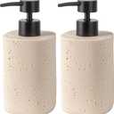 2 Pack Beige Resin Soap Dispensers, Refillable Liquid Lotion Dispenser Bottles with Travertine-Look for Bathroom and Kitchen Countertop, Modern Stone Texture (10.8 Oz)