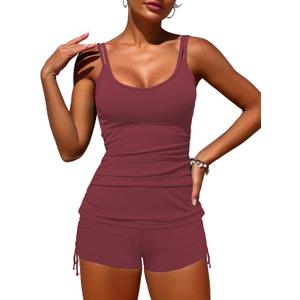 ZAFUL Women's V-Wire Tankini Swimsuits Tummy Control Ruched Top Two Piece Bathing Suits with High Waisted Shorts (X-Large, Cherry Red-1)