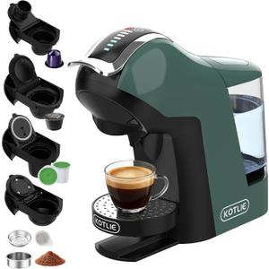 KOTLIE EM-308B Espresso Machine, Single Serve Coffee Maker Compatible with Multiple Capsule Types, Ground Coffee, and ESE Pods, 3 Temperatures, 7 Water Volume Levels, 34 Oz Green