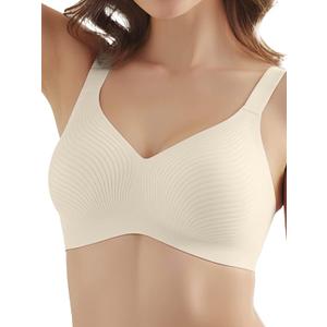 COMFELIE One-Piece Seamless Wireless T-Shirt Bra for Women No Wire Full Coverage Underarm & Back Smoothing Unpadded (Beige, M)