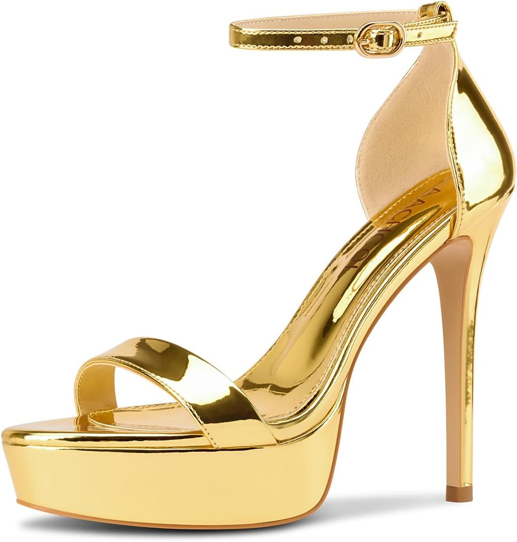 Aachcol Womens Platform Sandals Peep Open Toe Stiletto High Heels Ankle Strap Buckle Sexy Dress Shoes 5.1 Inches Heels (7, Gold Patent)