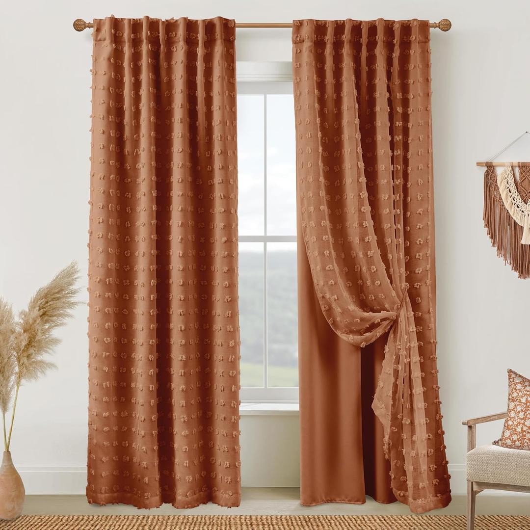 Boho Blackout Curtains for Bedroom 84 Inch Length 2 Panels Set,Vintage Farmhouse Terracotta Rust Pom Pom Textured Patterned Double Layer Sheer Overlay Bohemian Western Curtain Drapes for Living Room