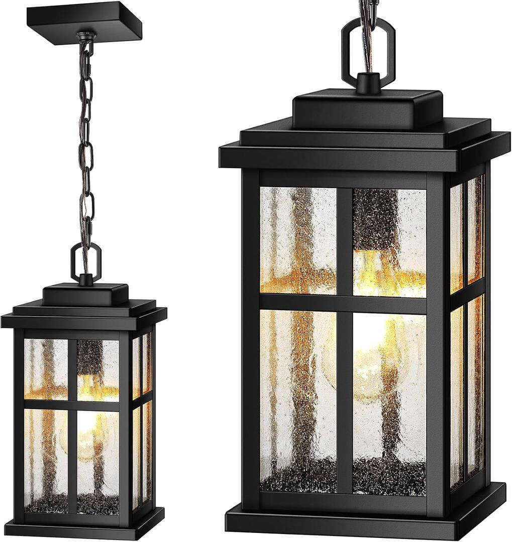 VIANIS Large Outdoor Pendant Light Fixtures, Modern Black Exterior Chandelier for Porch with Adjustable Chain, Die-cast Aluminum Waterproof Hanging Porch Light for Doorway with Tempered Seed Glass