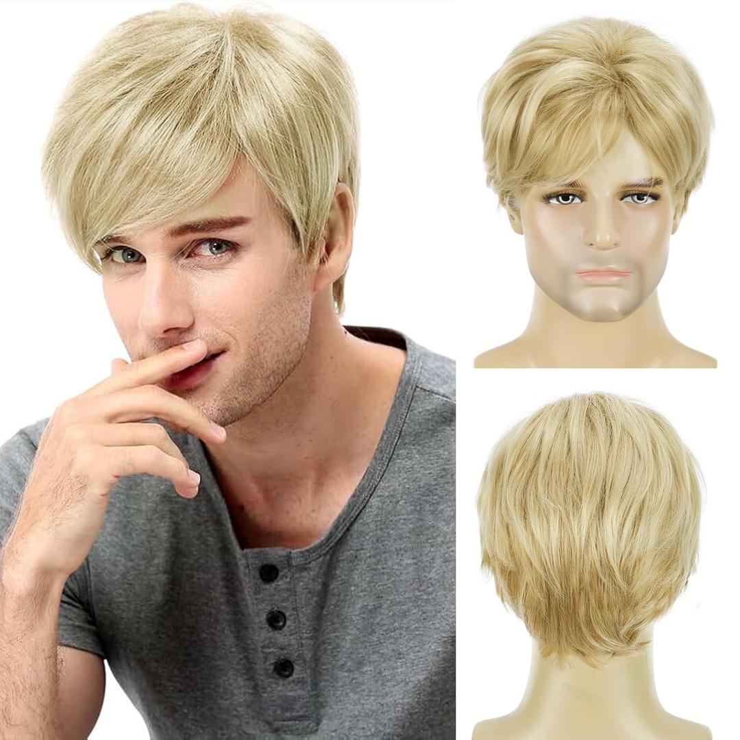 YYHR Mens Blonde Wig Short Layered Natural Fluffy Wig Synthetic Male Guy Daily Wear Anime Costume Halloween Cosplay Party (Blonde Mix Brown)