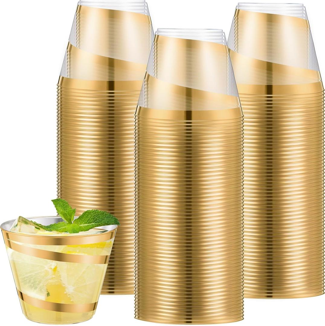 Gejoy 9 oz Rimmed Swirl Plastic Cups Disposable Wine Drinking Cups Clear Elegant Easter St Patrick Tumblers for Wedding Party Supplies(24 Pcs,Gold)