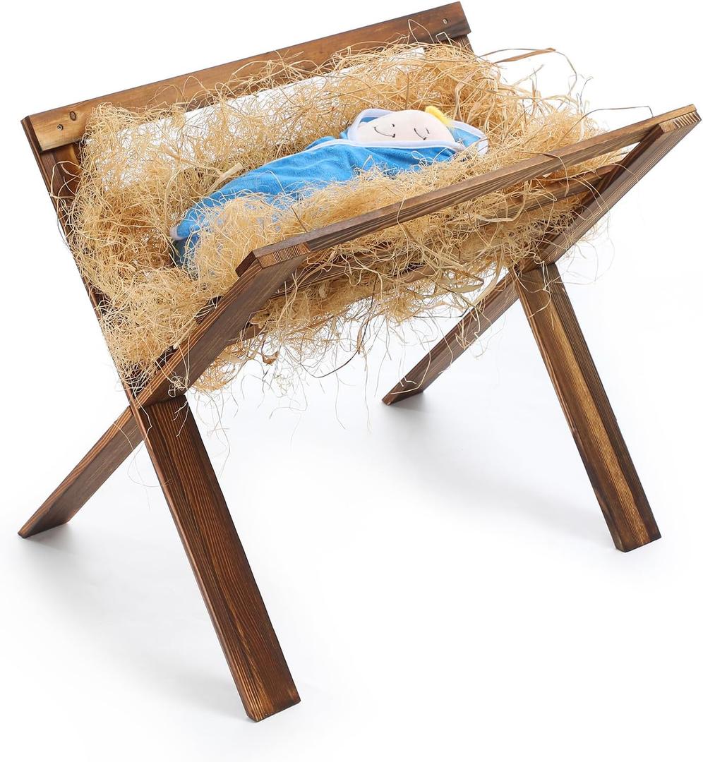 Jumbo Large Jesus in Wooden Manger Religious Christmas Decorations Manger 23.6 Inch Nativity Scene Nativity Cradle Backdrop Accessory for Indoor Outdoor Home Decor