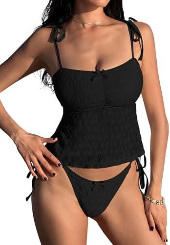 ZAFUL Tankini Swimsuits for Women Mesh Hollow-Out Tank Style Bow Knotted Decor Tie Side High Cut Tankini Set S