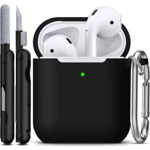 R-fun Compatible with AirPods Case Cover, Soft Silicone Protective Cover with Keychain for Women Men Compatible with Apple AirPods 2nd 1st Generation Charging Case, Front LED Visible,Black
