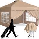 GVDV 10x10 Pop Up Canopy Tent with 4 Sidewalls, Beach Tent with One Push Setup, Outdoor Sun Shade for Events, Parties, Camping - Gazebo with Wheelbag, Khaki, CP23 B