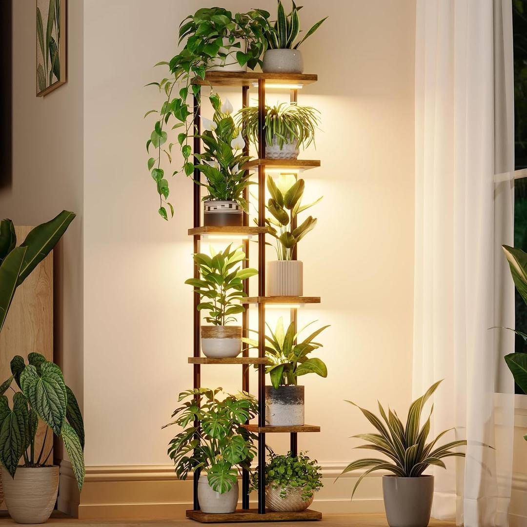 Bamworld Plant Stand with Grow Light for Indoor Plants Corner 7 Tier Metal Plant Shelf Wood Flower Stand for Home Living Room Decor Patio Decor (Brown)