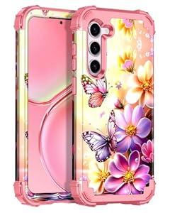 Casetego for Galaxy S23 5G Case,Glow in The Dark Three Layer Heavy Duty Sturdy Shockproof Full Protection Rugged Hard PC+Soft TPU Bumper Case for Samsung Galaxy S23 6.1 inch,Pink Butterfly