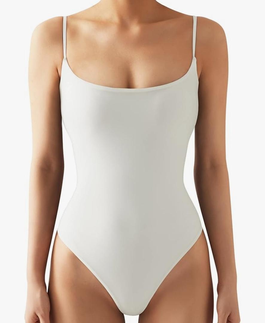 Women Sexy Square Neck Thong Bodysuit Backless Cami Bodysuit Top, M, White