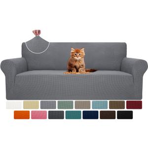 MAXIJIN Super Stretch Couch Cover for 3 Cushion Couch, 1-Piece Universal Sofa Covers Living Room Jacquard Spandex Furniture Protector Dogs Pet Friendly Fitted (Large, Light Gray)