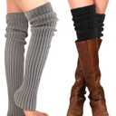 PHOGARY 2 Pairs Winter Leg Warmers Thigh High Socks Over Knee Footless Socks Knitted Long Boot Cuffs Topper Socks for Women (Black, Grey)