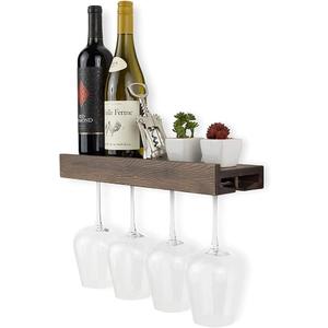 Rustic State Smith Wall Mounted Wood Floating Wine Bottle Rack with Glassware Holder Stemware Shelf Storage Organizer - Home, Kitchen, Dining Room Bar Dcor - Walnut