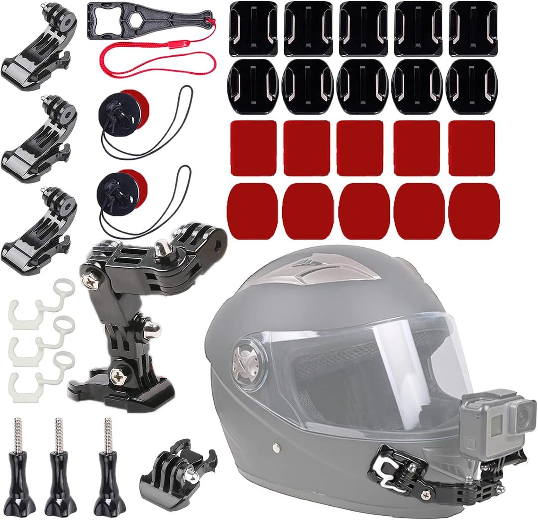 34in1 Motorcycle Helmet Chin+Top+Side Mount Kit for GoPro Hero 13 12 11 10 9 8 7 Black Silver White 6 Osmo and Other Action Camera with Adhesive Sticky Mount and Buckle, Extra Camera Tether