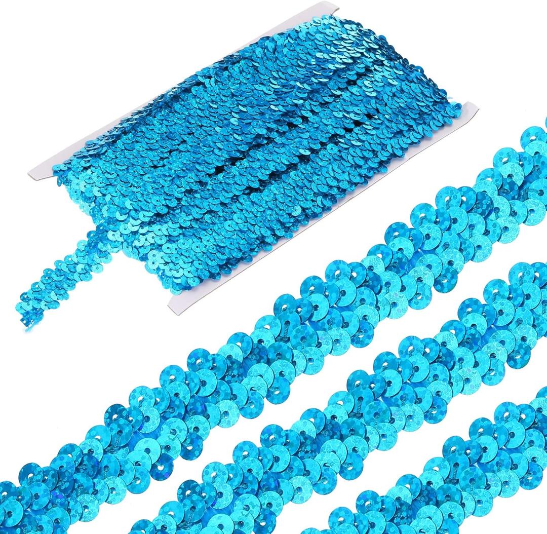 MECCANIXITY 11 Yards 0.8 Inch Elastic Sequins Trim 2 Row Flat Sequin Strip Paillette Sequins Fabric Ribbon for Crafts DIY Sequin Fringe Sewing Bright Blue