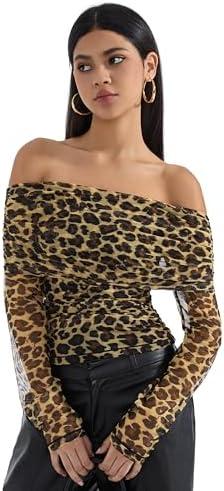 SUUKSESS Women Mesh Off The Shoulder Tops Sexy Going Out Ruched Foldover Shirt Summer Outfits (XS)