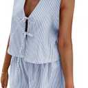 Thopavenoir Women Y2k 2 Piece Pajamas Outfits Sleeveless Bow Tie Front Tank Tops Vest +Stripe Peplum Shorts 2Pcs Lounge Sets Medium, Light Blue  
