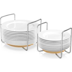 Wisuce Dish Racks for Kitchen Countertop Organizer - Bamboo Plate Holder Adjustable Size | Stainless Steel 304 Portable Handle for Kitchen Drawer Countertop Cupboard Shelf (1*Small&1*Large, Yellow)