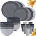 Klickpick Home 32 Pieces wheatstraw Dinnerware Set with 8 Each of Dinner Plates Desert Plates Cereal Salad Bowls Cups Unbreakable Modern Dinner Set for Microwave Dishwasher Safe Reusable Grey stone