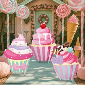 Soulchen 3 Pcs 24 Inch Large Cupcake Cardboard Cutout Photo Props Stand up Candy Land Party Decorations Cupcake Backdrop Yard Signs Christmas Candyland Party Supplies for Birthday Baby Shower