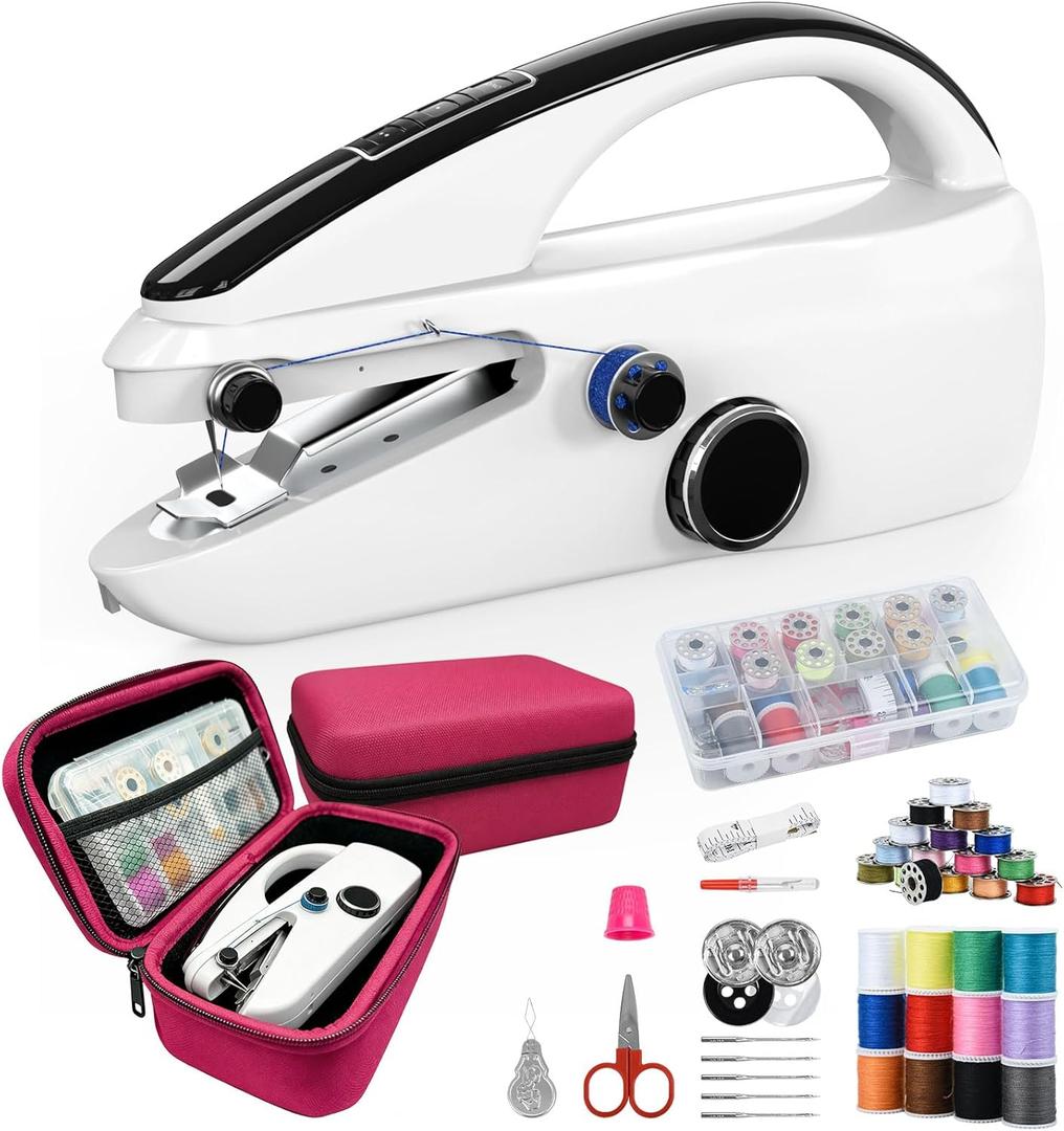 Handheld Sewing Machine, Two-Speed Portable Mini Sewing Machine for Beginners, Electric Handheld Sewing Machine with Red Case & Accessories. DIY Home & Travel Sewing kit for adults.White