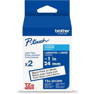 Brother Genuine P-Touch TZe 2-Pack Black Print on White Label Tapes (TZe2512PK), Laminated,1in x 26.2ft (24mm x 8m) Each, for Select P-Touch Label Makers, Durable, Water-Resistant, Indoor/Outdoor Use