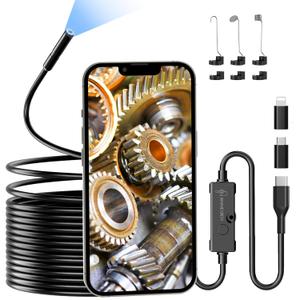 Endoscope Camera with Light, 1920P HD Borescope Camera for iPhone, 16.4 Ft Semi-Rigid Snake Camera - 8 Adjustable LEDs, IP67 Waterproof Inspection Tools for iOS and Android, Cool Gadgets for Men