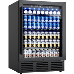 24 Inch Beverage Refrigerator, 180 Cans Beverage Refrigerator with Glass Door, LED Light, Under Counter Refrigerator for Soda, Water, Drink Fridge for Home, Bar or Office