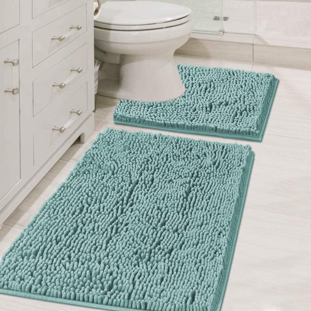 H.VERSAILTEX Original Shaggy Chenille 2 Piece Bath Rug Set, 20x20 Square U-Shape Contoured Toilet Mat & 32x20 Carpet Rug, Machine Wash/Dry Mats, Soft, Plush Rugs for Tub Shower (Eggshell Blue)