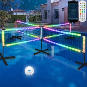 LED 4-Way Pool Volleyball Net, Light-Up Four Square Volleyball Pool Game Set with LED Water Balls, App & Remote Control, Music Sync  4-Player Swimming Pool Party Toy Game for Adults & Family