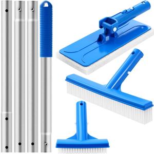 Tioncy 3 Pcs Pool Brushes Kit with 47" Pole Adjustable, 10" Pool Brush Head, Hand Scrub Brush & Scouring Sponge Pads with Aluminum Pole for Spa Hot Tub Bathroom Kitchen Home Tiles Walls Floors