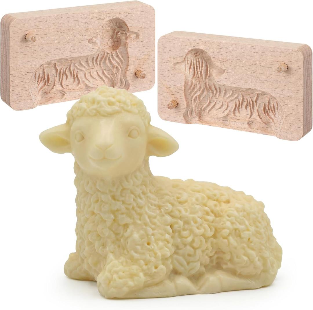 2 Set Easter Lamb Butter Molds Two Side 3D Sheep Wooden Molds for Homemade Butter Cute Lamb Chocolate Cookie Cutter for Polish Easter Wood Kitchen Accessory for Baking DIY Dairy Making