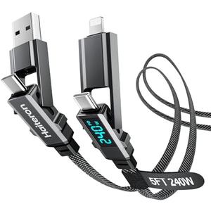 Haiteron 4 in 1 Charging Cable 5FT,240W USB C to USB C Cable Fast Charging Flat Braided iPhone Charger Cord Combo USB A/C to C/L with LED Display, Type C Charging Cord for iPhone 16/15,MacBook,iPad