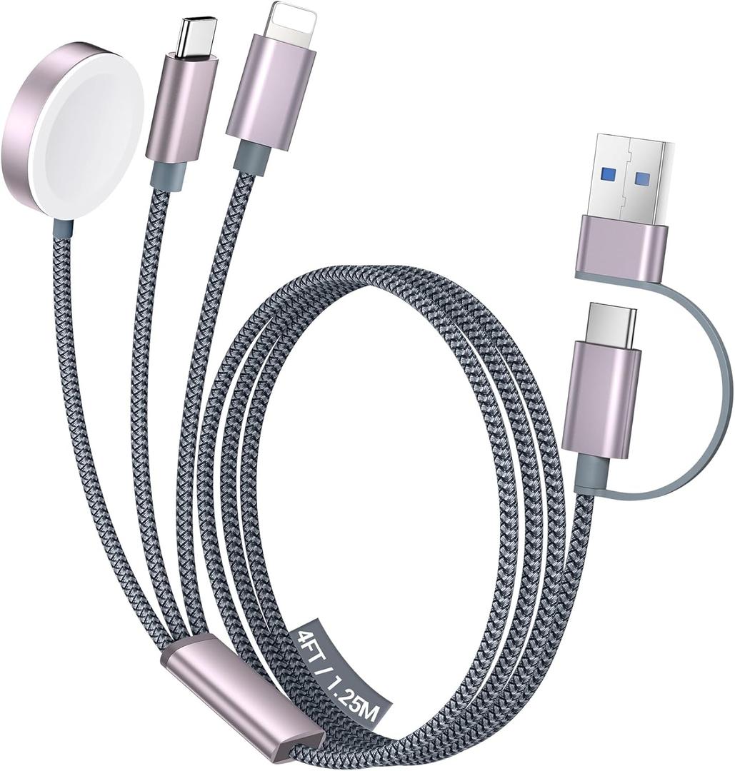 Temdan for Apple Watch Charger,3 in 2 USB C Cable for iPhone 16 Charger/Type C/Lightning,Multi Charging Cable Cord,Portable Travel Essentials Designed for iWatch Ultra/SE/10-1&iPhone 16-12-4FT (4 FT, Grey)