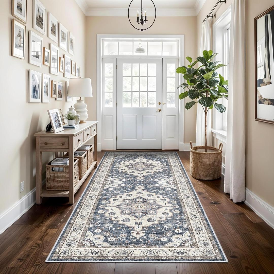 Washable Hallway 4x8 Runner Rug - Vintage Soft Runners for Kitchen Wide Non Slip Low Pile Carpet for Living Room Bedroom Ultra-Thin Stain Resistant Carpets for Bathroom Entry Dining Room 4x8 Blue