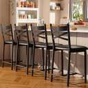 Bar Stools Set of 4, Counter Height Bar Stools with PU Upholstered Seat, Metal Frame Kitchen Bar Chairs with X-Design Back and Footrest for Kitchen Island, Counter Bar, Dining Room, 26" Black