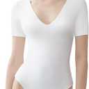 PUMIEY Women's V Neck Short Sleeve Bodysuit Sexy Tops Sharp Collection (Large, 12 Splashed White)