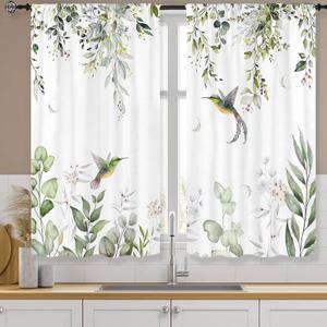 Eucalyptus Green Leaves Kitchen Curtain Rod Pocket 27.5W X 39L Inch 2 Panel Sage Green Leaf Watercolor Floral Hummingbird Small Short Cafe Tier Curtain Plant Window Drape Treatment Home Decor