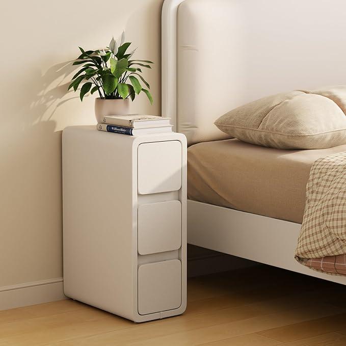 Narrow Nightstand - Narrow Bedside Table with Drawers, Wood Small Nightstand with Leather Surface for Bedroom, White - 8x16x22 in