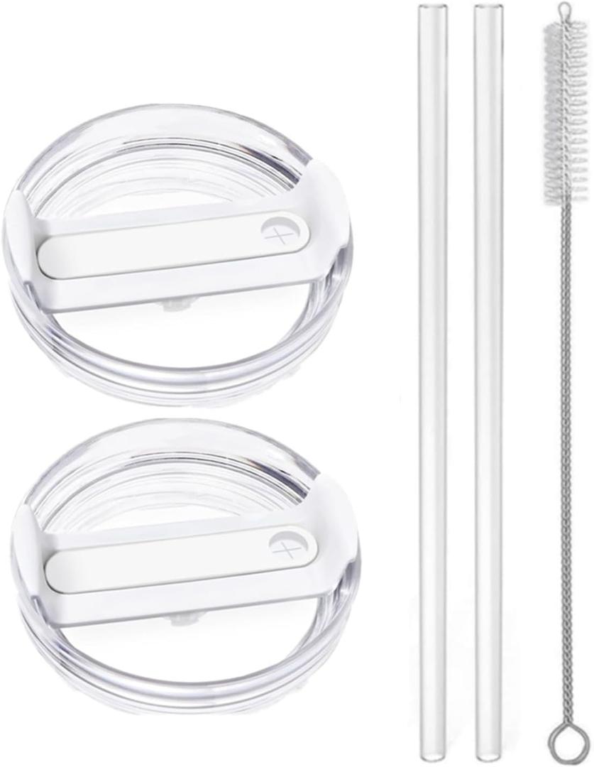 2pcs Tumbler Lid for Stanley 40oz Cup, Replacement 40 oz Tumbler Lid,2Pcs Extra Long Reusable Straws and 1Pcs Cleaning Brush (White)